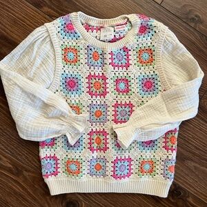 Girls Zara Granny Square Crochet Sweater with Cream Sleeves